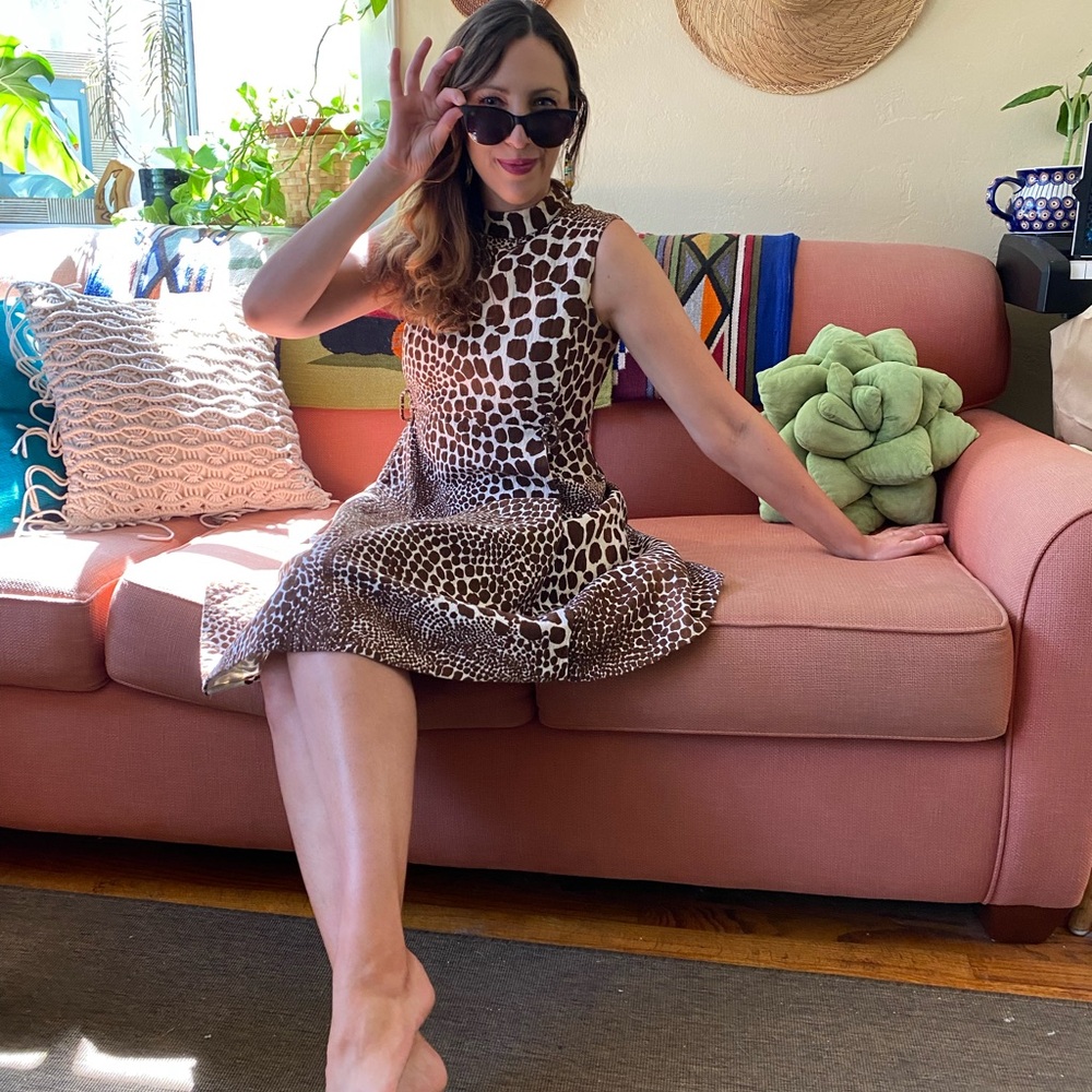 60s mock neck giraffe print dress complete with pockets